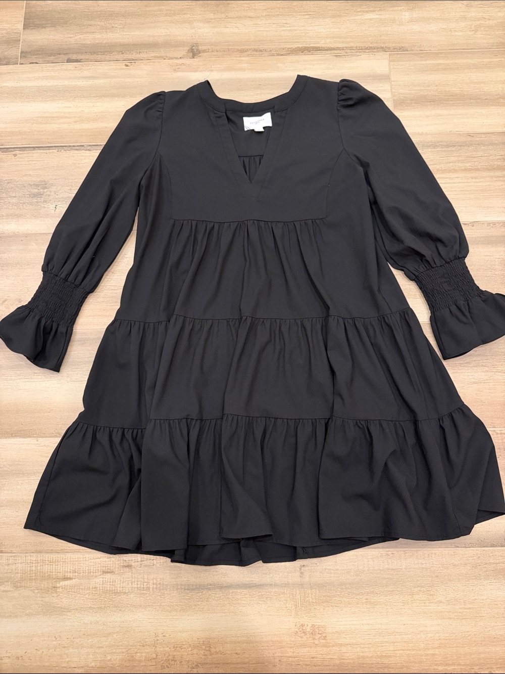Pomander Place Black Tiered V-Neck Mini Dress with Smocked Cuffs